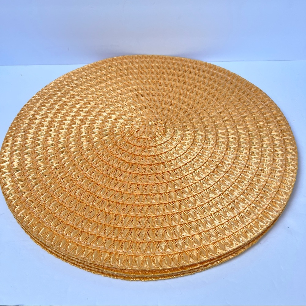 4 Four Orange Round Woven Placemats 14” EUC